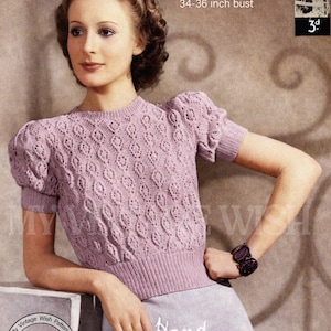 Modello PDF per maglia a maniche a sbuffo anni '40, busto 34-36