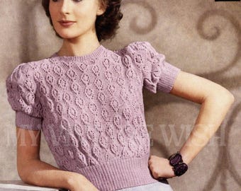 1940s Pretty Puff Sleeve Jumper PDF Knitting Pattern Bust 34-36