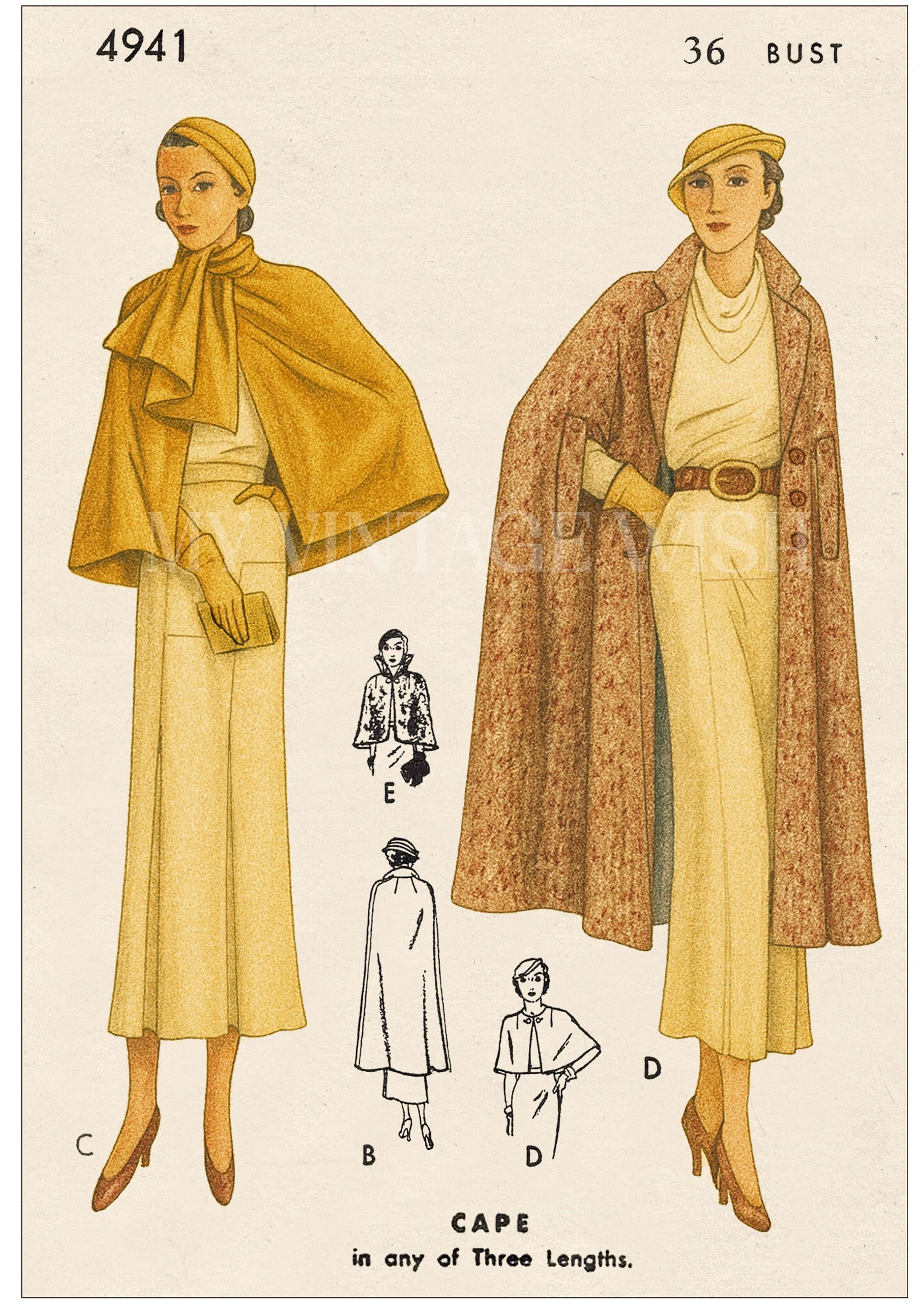 1940〜50年代 日本製 ケープマント ヴィンテージ 1930年代のヴィンテージケープの縫製パターン - 3つの長さ、プリント紙