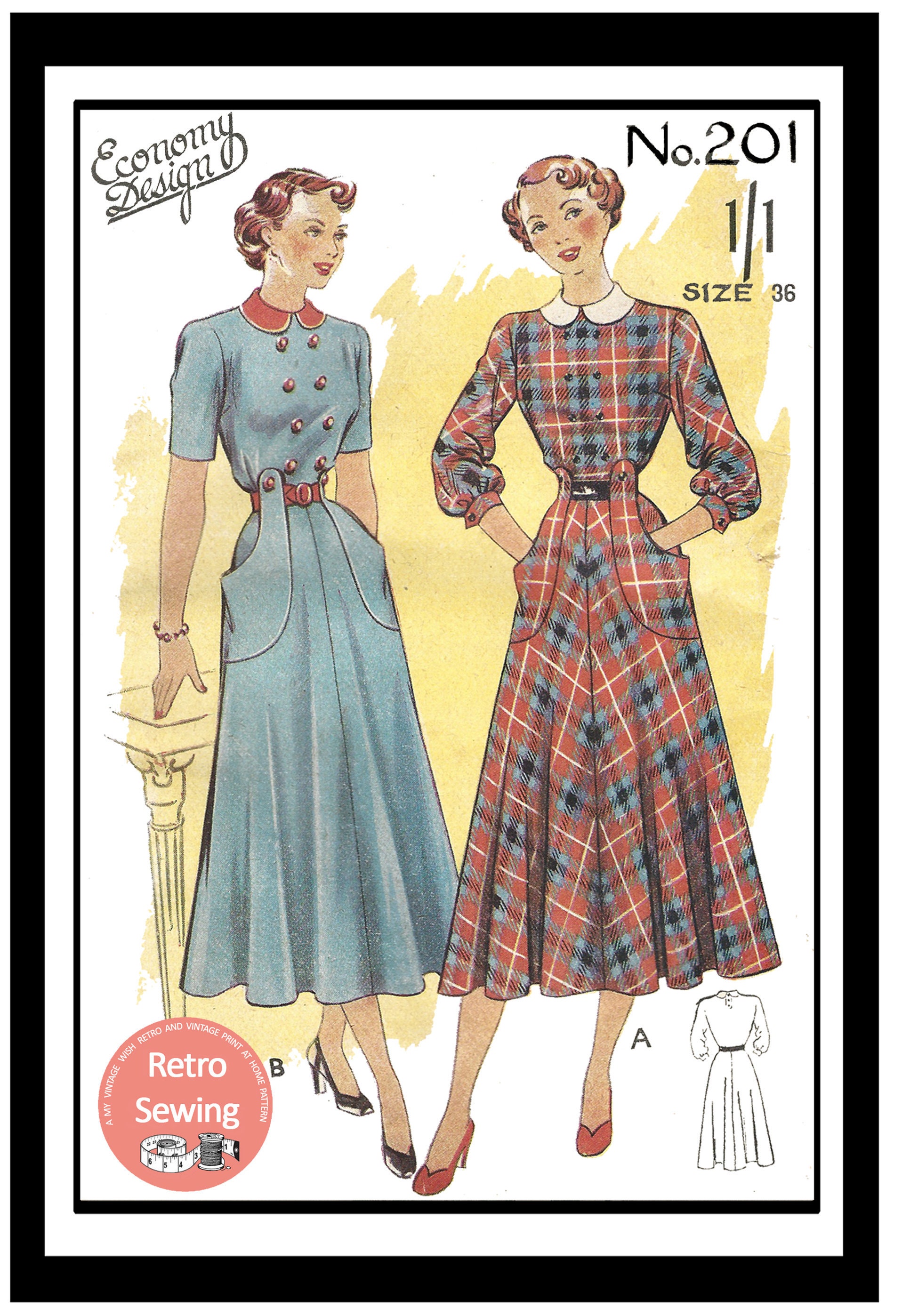 1940's Peter Pan Collar Military Style Dress Pattern Paper Sewing