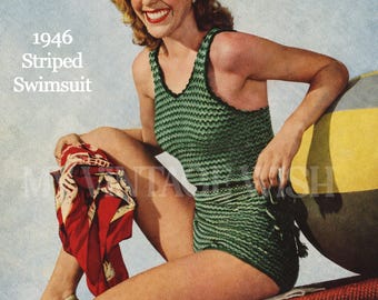 Breipatroon jaren 40 gestreept badpak (pdf) – vintage badkleding uit één stuk, direct downloaden