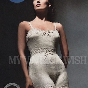 May include: Vintage knitting pattern featuring a woman in a light-colored knitted romper with a matching top. The pattern is designed to fit a 34-inch bust. The image includes the text "Emu Unshrinkable Wools" and "Retro Knitting".