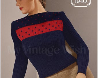 1940's Ribbed Sweater with Embroidered Spots PDF Knitting Pattern Bust 32-34