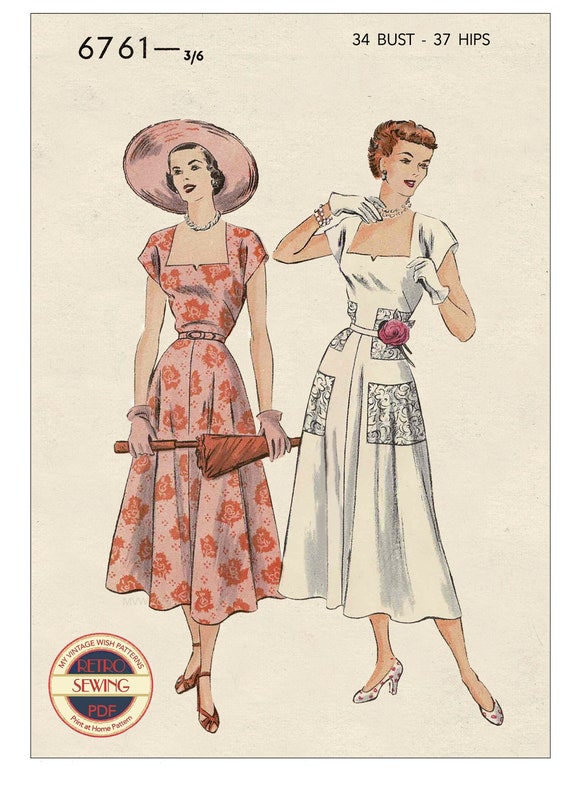 Robe d t l gante des ann es 1950 PDF Patron de couture Buste 34