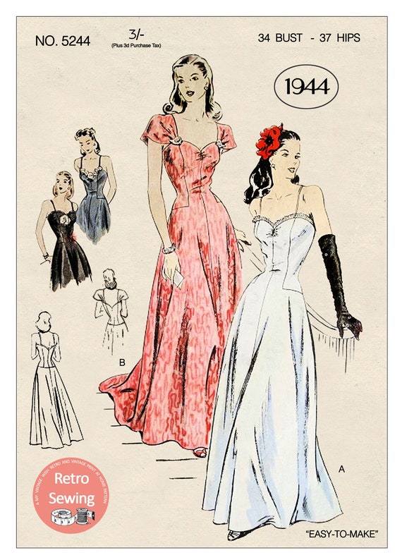 D-A-H Vintage Sewing Pattern 1940s Evening Gown in Any Size - PLUS Size  Included -4918