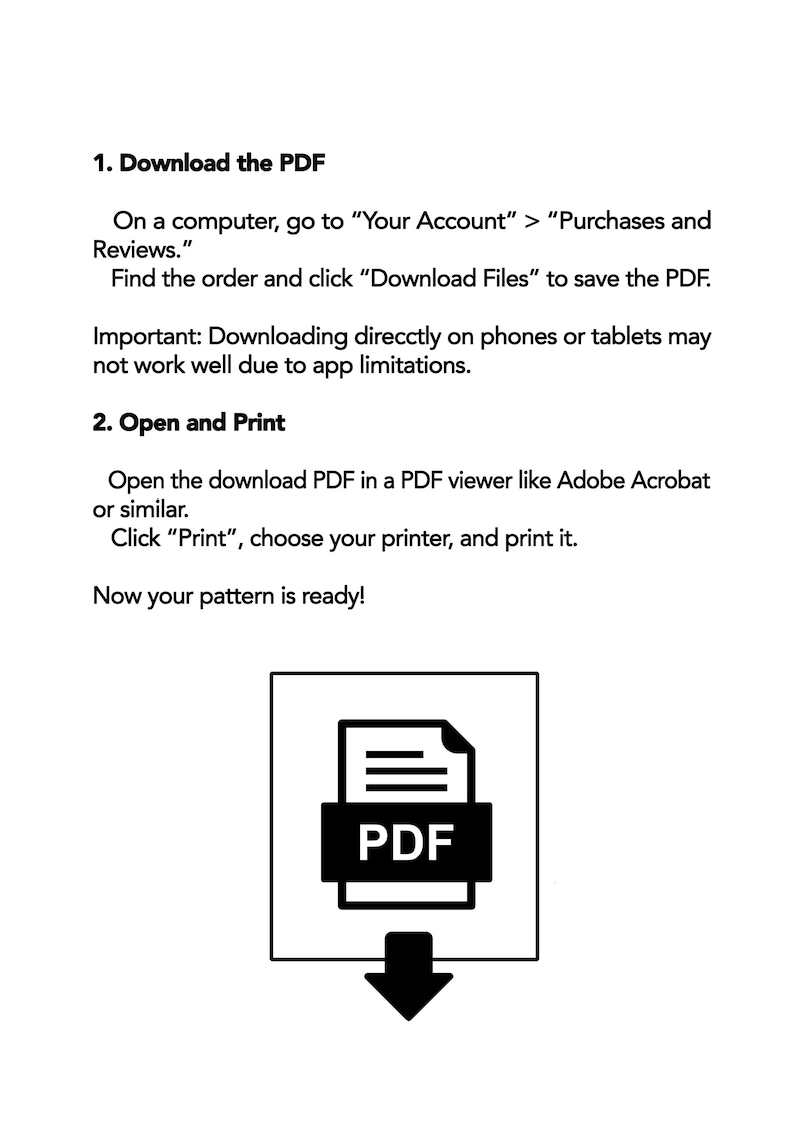 May include: A black and white illustration of a PDF document with an arrow pointing down. The text "PDF" is written on the document. The illustration shows how to download and print a PDF file.