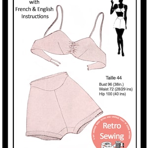 Puede incluir: Un patrón de costura vintage para un sujetador rosa y unos pantalones cortos de cintura alta. El patrón incluye instrucciones en francés e inglés. El patrón es para la talla 44, con un busto de 96 cm, una cintura de 72 cm (28-29 pulgadas) y caderas de 100 cm (40 pulgadas). El patrón también se puede transformar en una talla 42 con un busto de 91 cm.