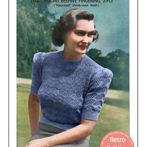 1940&#39;s Pretty Lace Stitch Sweater PDF Knitting Pattern Bust 38