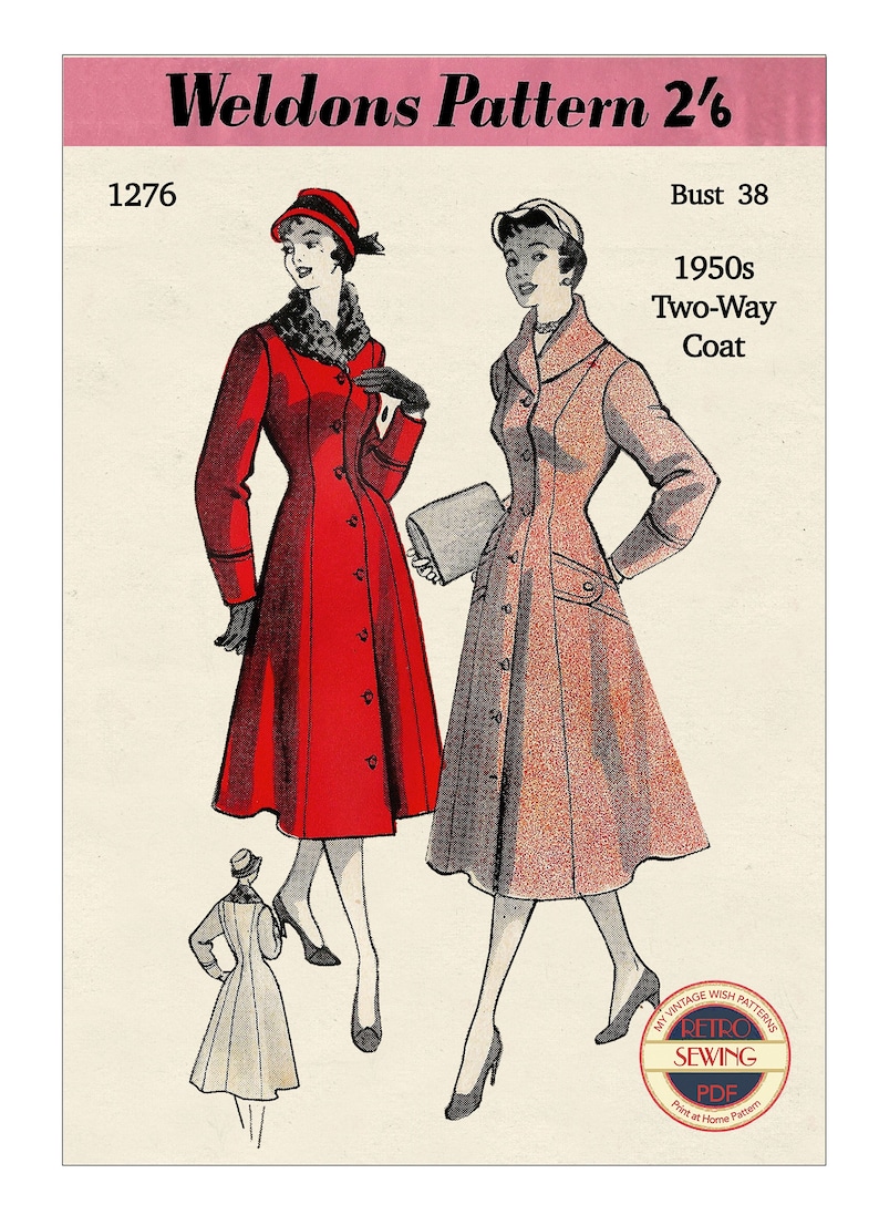 May include: A vintage sewing pattern for a 1950s two-way coat. The pattern is for a bust size of 38 inches and is called "Weldons Pattern 2".