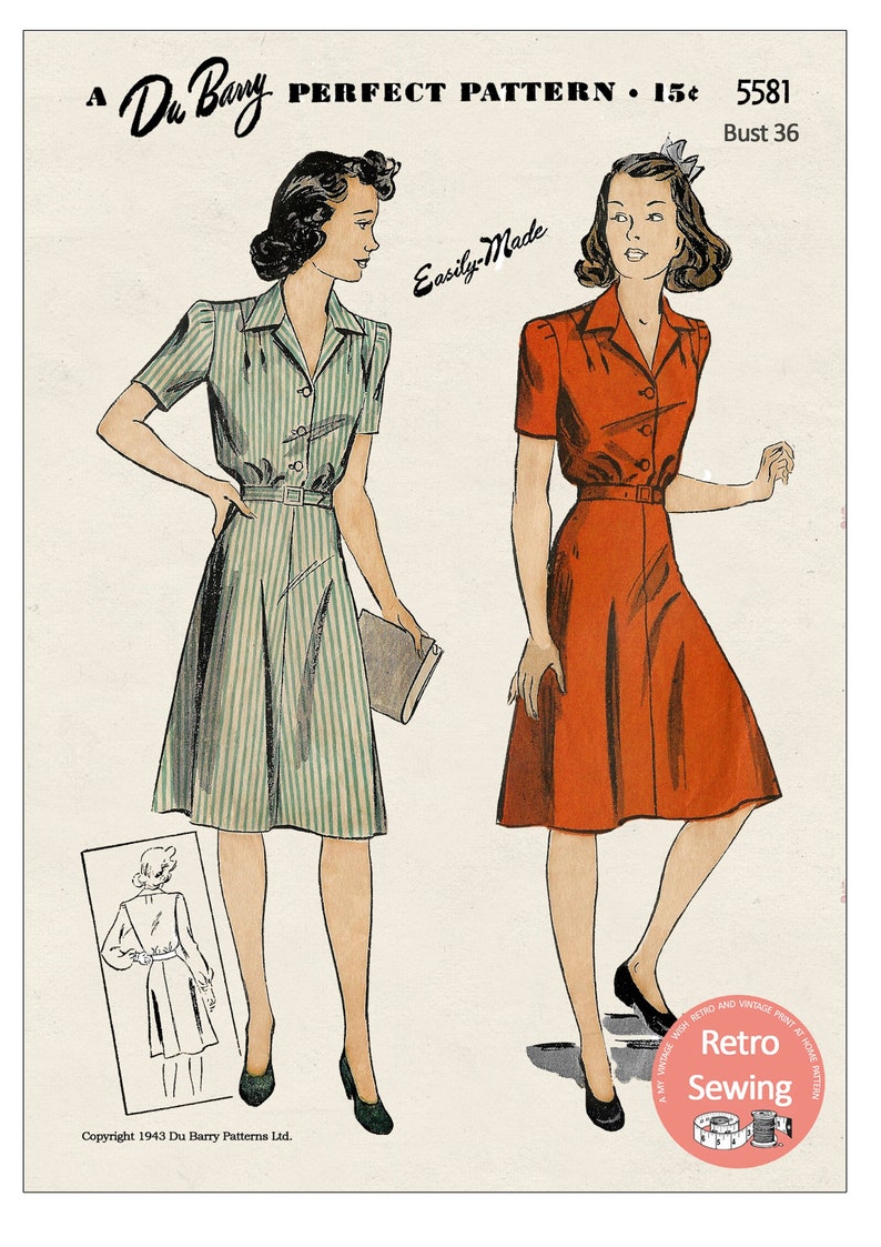 1940s Sewing Patterns – Dresses, Overalls, Lingerie etc Wartime Shirt-Waist Dress Bust 36 - PDF Sewing Pattern Du Barry 5581 $12.94 AT vintagedancer.com