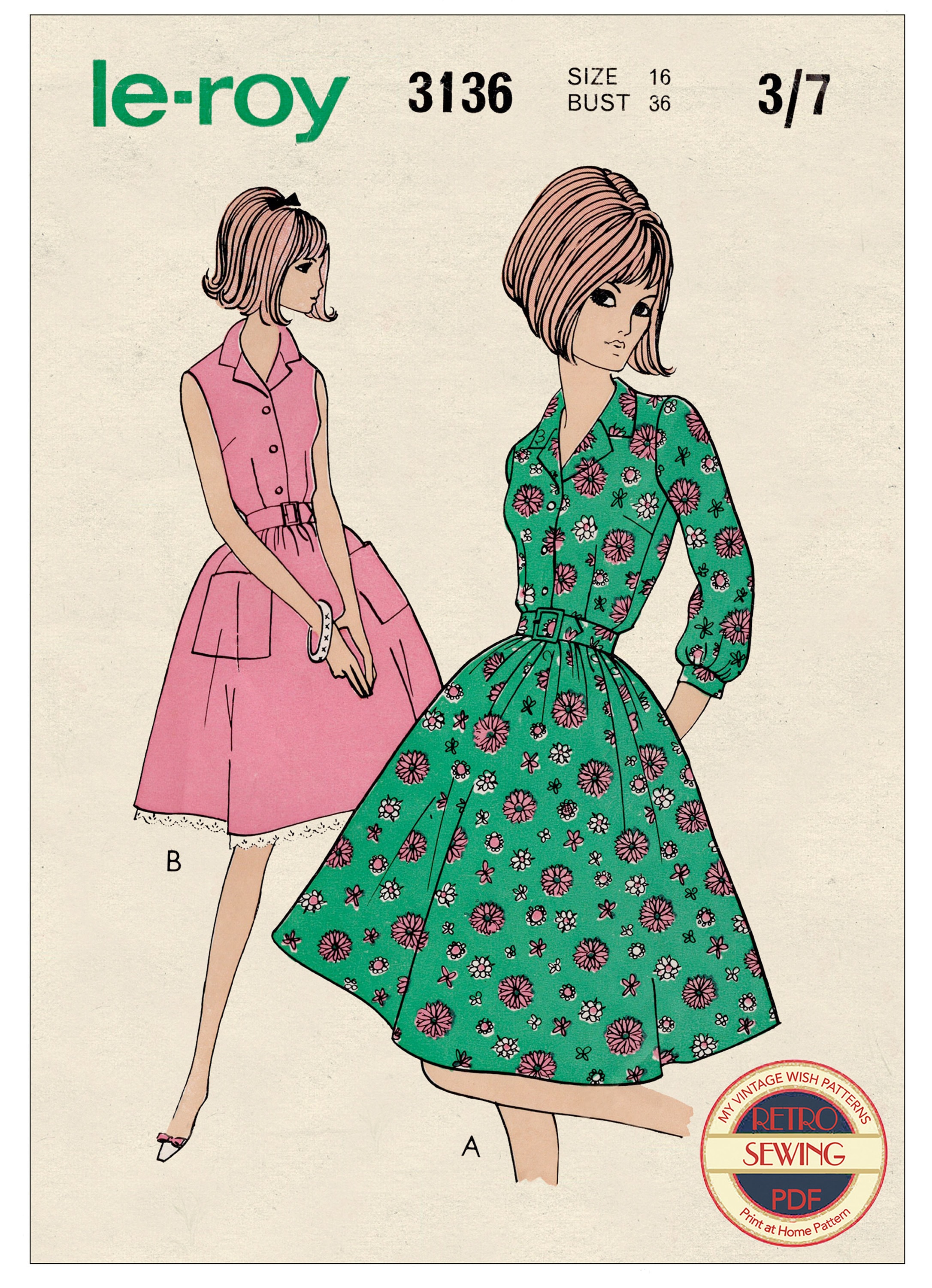 Patrón de costura en PDF para vestido camisero de los años 60