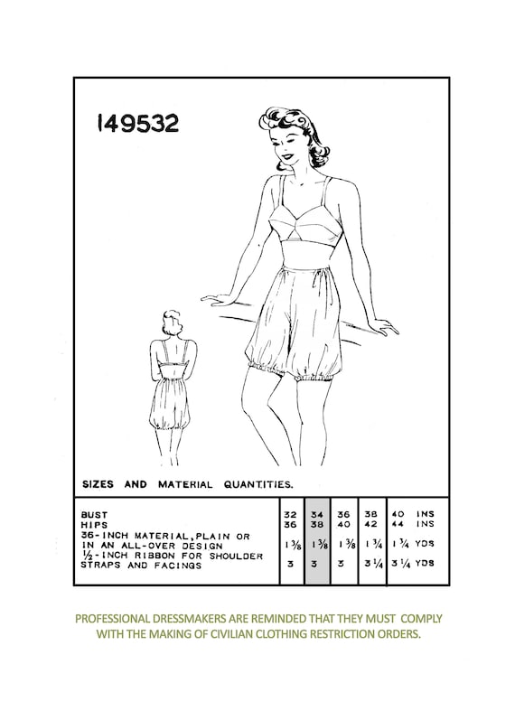 Vintage Sewing Pattern Vintage Sewing Pattern 1930s 1940s Lingerie Bra  Bralette & Lace Inset Tap Shorts Bust 34 B34 Reproduction 