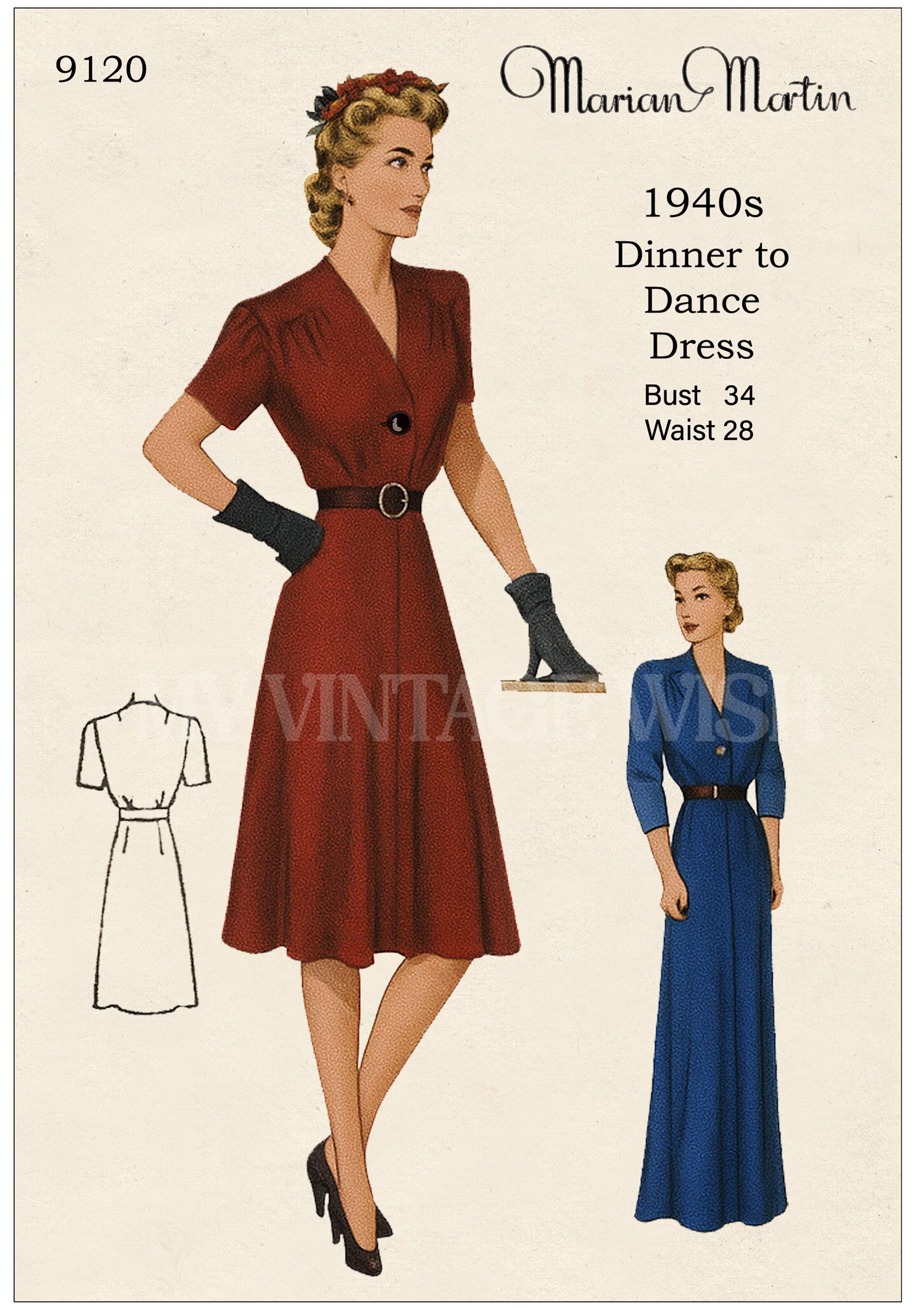 Vintage 1940s Dress Sewing Pattern PDF, Day to Dinner Style, Bust 34 - Etsy