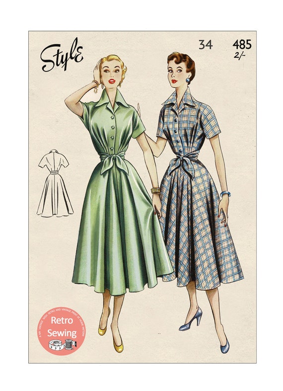 1950s Rockabilly Style Shirt Dress PDF Print at Home Sewing Pattern Bust 34  -  Norway