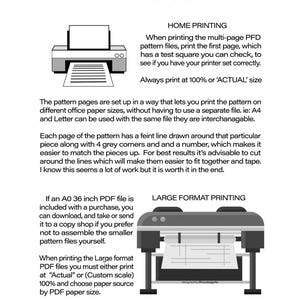 May include: Black and white illustration of a printer with instructions for printing a multi-page PDF pattern file. The text includes instructions for printing at 100% or 'ACTUAL' size, and for cutting and taping the pieces together. The text also mentions that an A0 36 inch PDF file is included with a purchase.