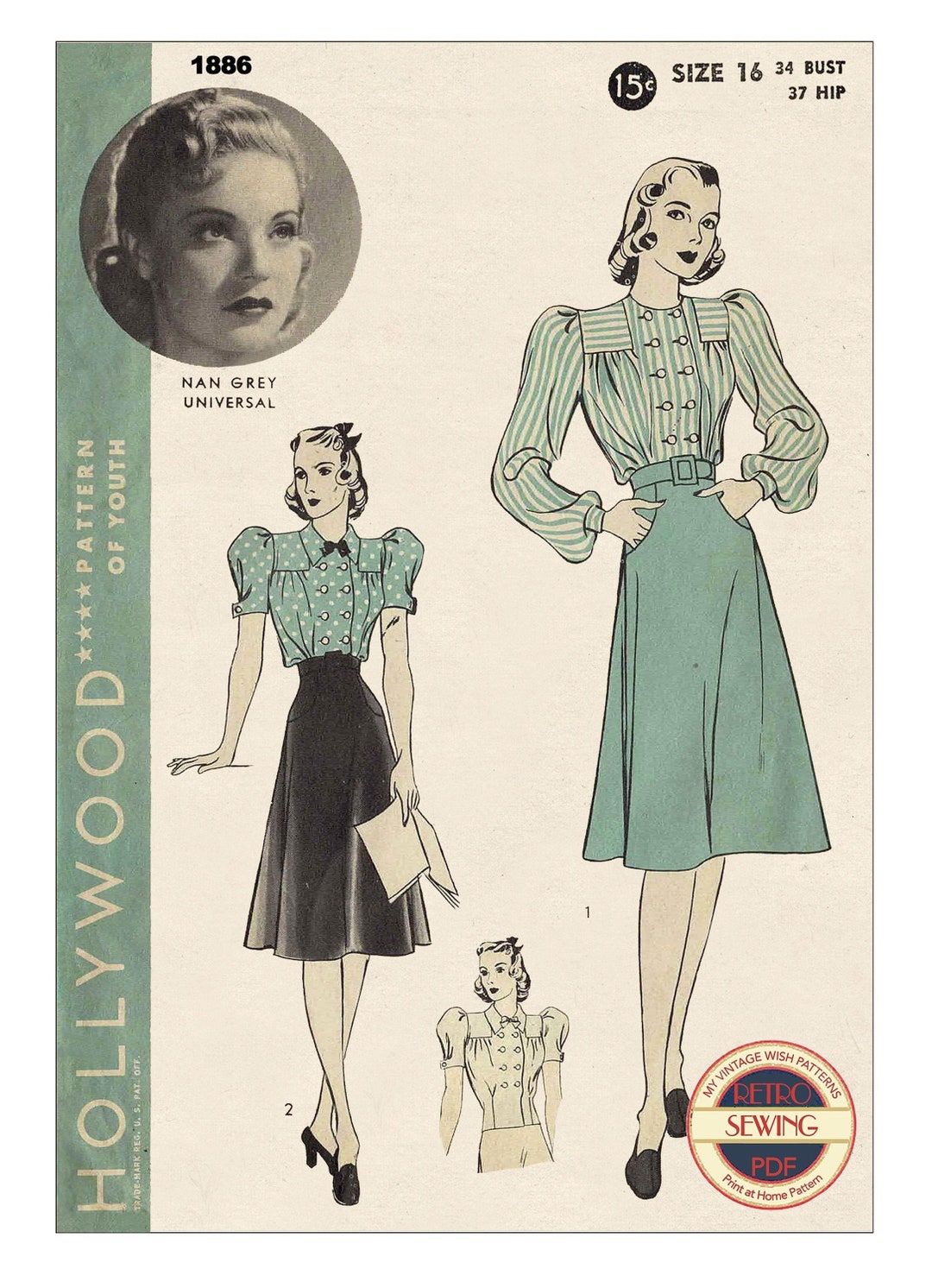 1930's New York Yoked Blouse and Slim Skirt Pattern - Bust 29