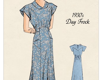 1930s Casual Tea Dress with Pockets PDF Sewing Pattern Bust 32