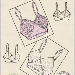May include: A vintage sewing pattern for a 1940s wartime bra, featuring a lace design and a floral print. The pattern is labeled "Weldons Pattern" and "144122" with a bust size of 34 inches (86.5 cm).