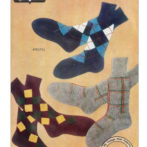 May include: A vintage knitting pattern for men's check socks. The pattern includes three different designs: Argyle, Diamond, and a plaid pattern. The pattern is from Weldons and is number A854. The pattern requires 3 ounces of main color yarn and 2 ounces of contrast yarn.