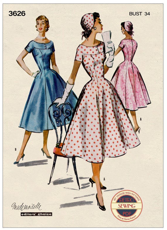 1950s Princess Dress and Bonnet Hat PDF Sewing Pattern Bust