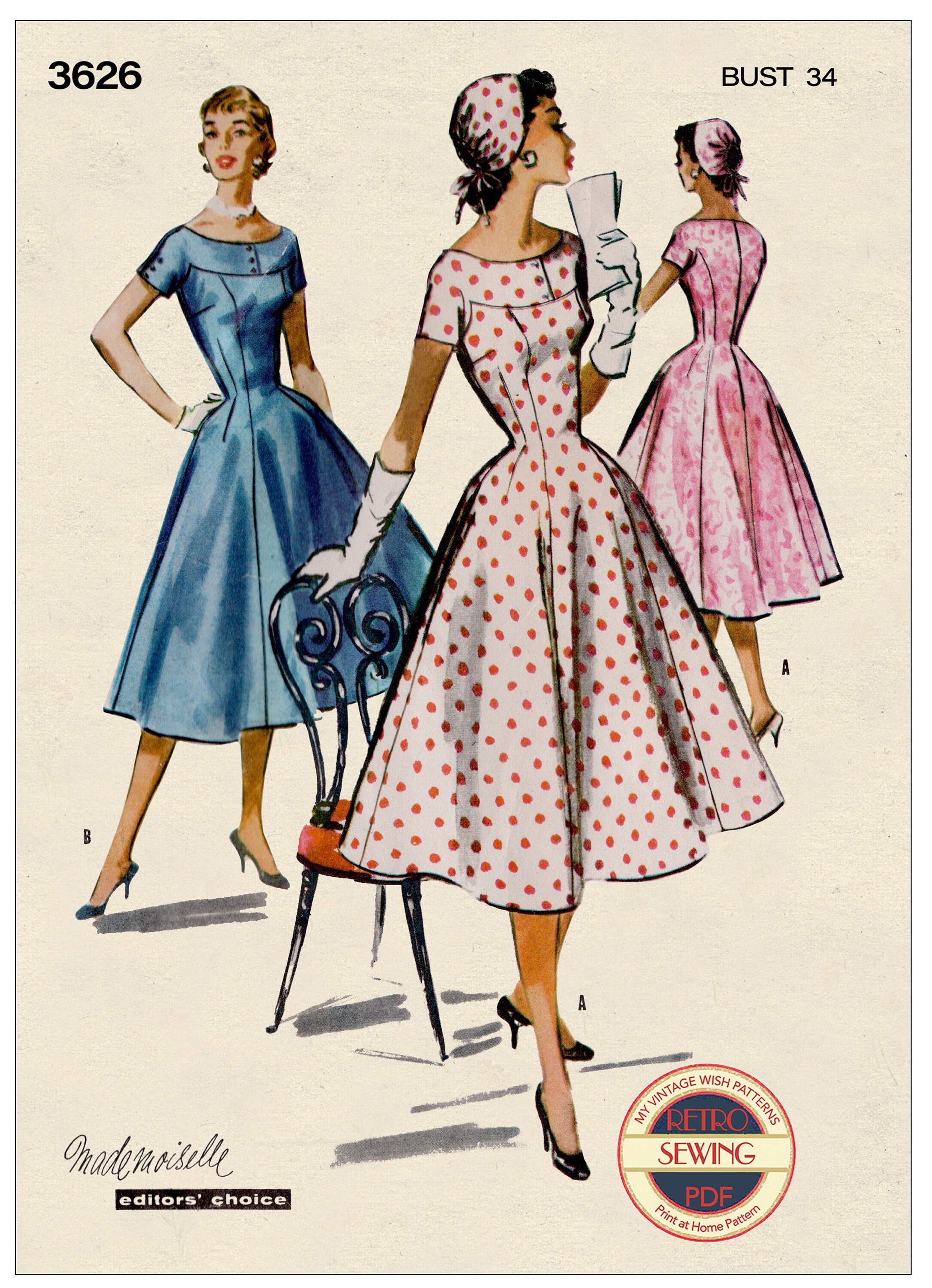 1950s Princess Dress and Bonnet Hat PDF Sewing Pattern Bust 36