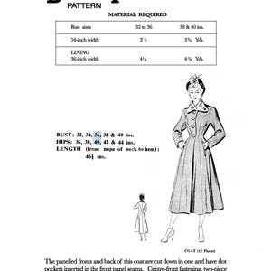 K&ouml;nnte beinhalten: Vintage Bestway Schnittmuster C. 721 f&uuml;r einen Mantel. Die Illustration zeigt eine Frau, die den Mantel tr&auml;gt, mit Brustgr&ouml;&szlig;en von 81 bis 102 cm und einer L&auml;nge von 117 cm. Enth&auml;lt Materialanforderungen f&uuml;r Futter und Stoff.