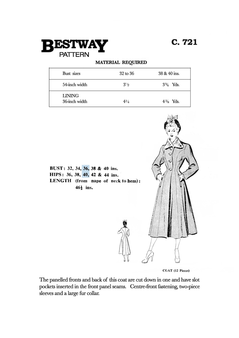 K&ouml;nnte beinhalten: Vintage Bestway Schnittmuster C. 721 f&uuml;r einen Mantel. Die Illustration zeigt eine Frau, die den Mantel tr&auml;gt, mit Brustgr&ouml;&szlig;en von 81 bis 102 cm und einer L&auml;nge von 117 cm. Enth&auml;lt Materialanforderungen f&uuml;r Futter und Stoff.