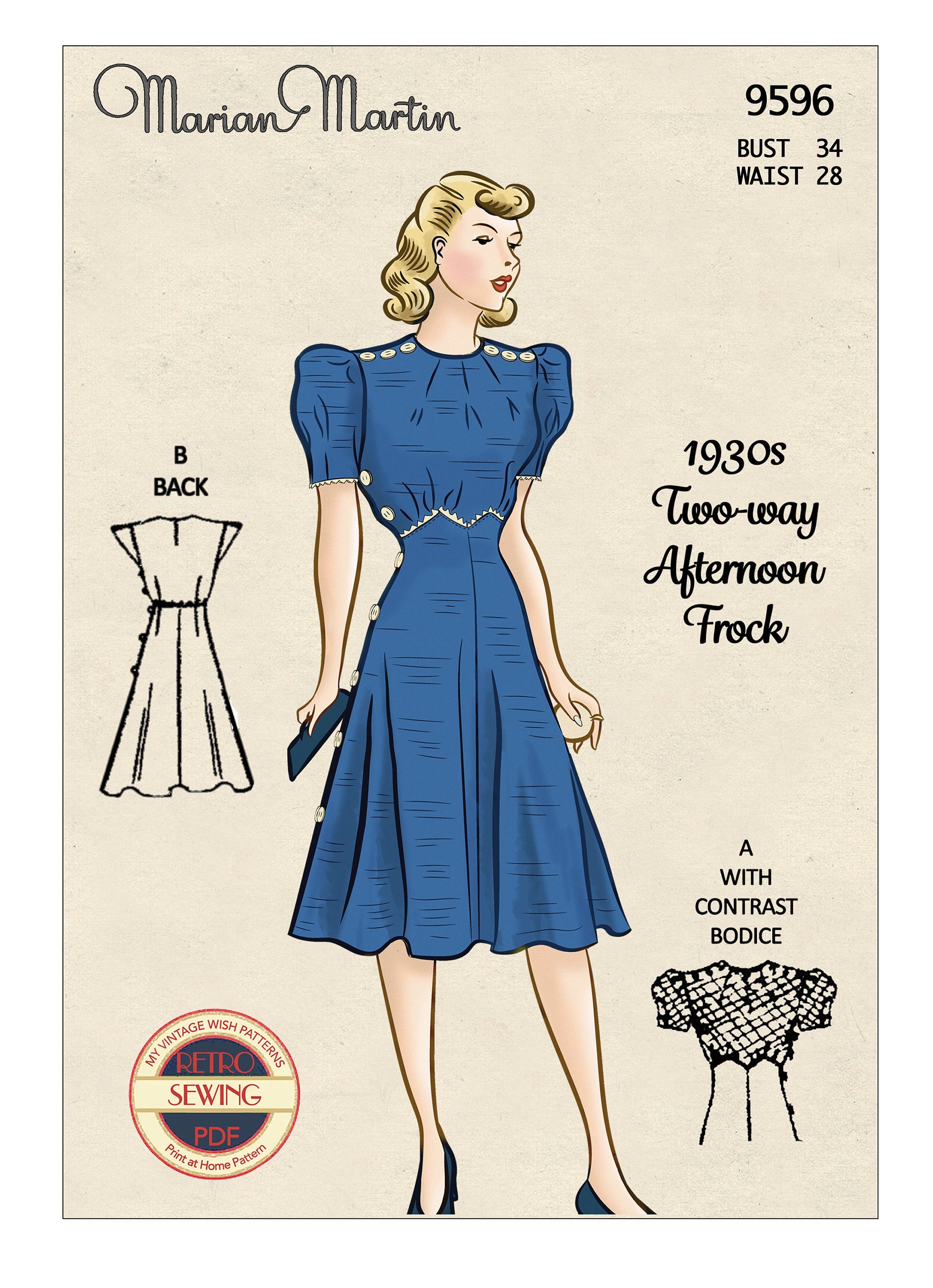 1930s Cap or Puff Sleeve Tea Frock PDF Sewing Pattern Bust 34