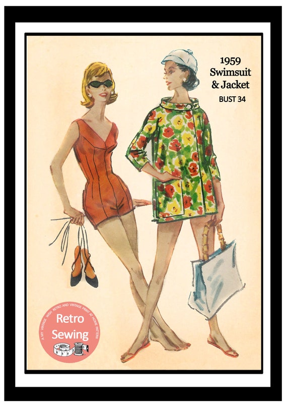 1950s Bathing Suit and Beach Cover-up PDF Sewing Pattern Bust - Etsy Canada