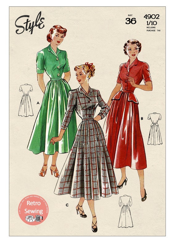 1940s Shirt Dress With or Without Peplum PDF Sewing Pattern Bust 36 -   Canada