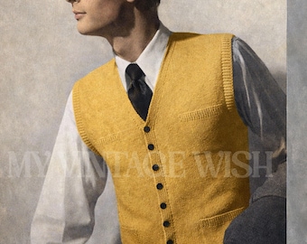 1950s Men’s Waistcoat Knitting Pattern PDF – Vintage Vest – Chest 38-40