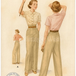 1940s Hepburn Slacks with High or Low Waistline PDF Sewing Pattern - Waist 28