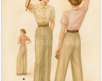 1940s Hepburn Slacks with High or Low Waistline PDF Sewing Pattern - Waist 28