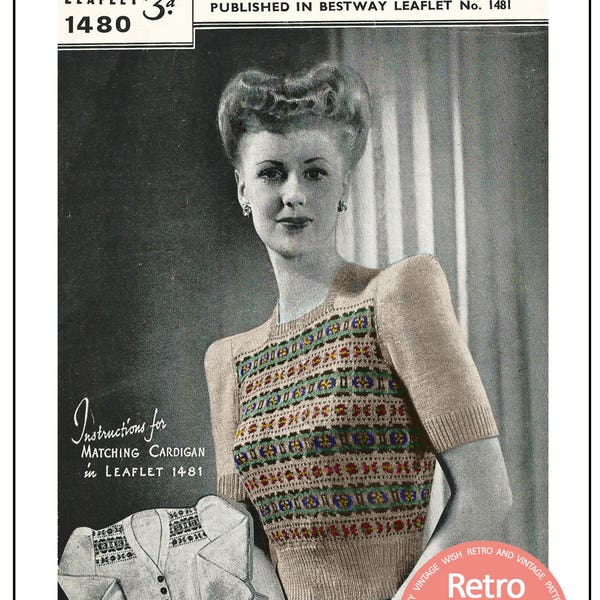 Fair Isle Sweater 1940's Vintage  Knitting Pattern - PDF  Instant Download