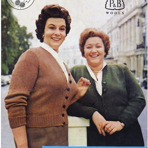 May include: A vintage knitting pattern booklet featuring two women wearing brown and green cardigans. The cover features the text "C-IO13 6p" and "P&B WOOLS". The text "Double Knittings by P&B" and "FOUR SIZES 38-48 IN. BUST" is also included.