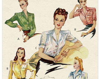 Blusa de los años 40 con tres escotes Patrón de costura PDF - Busto 34 - Estilo 4690
