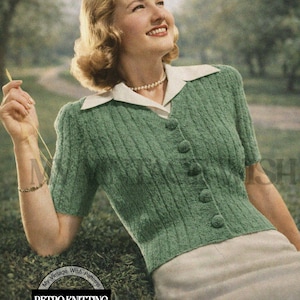 1940s Short Sleeve Cardigan Knitting Pattern PDF |  Retro Button Front Top