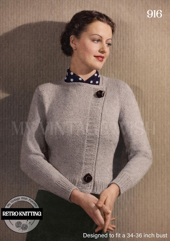 1930年代風シンプル冬用カーディガン（PDF編み図）バスト34-36 - Etsy 日本