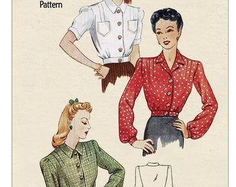1940s Wartime Make do and Mend Blouse PDF Sewing Pattern Bust 36