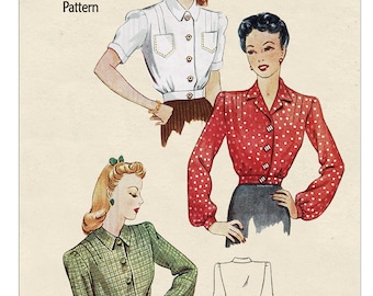 1940s Wartime Make do and Mend Blouse PDF Sewing Pattern Bust 36