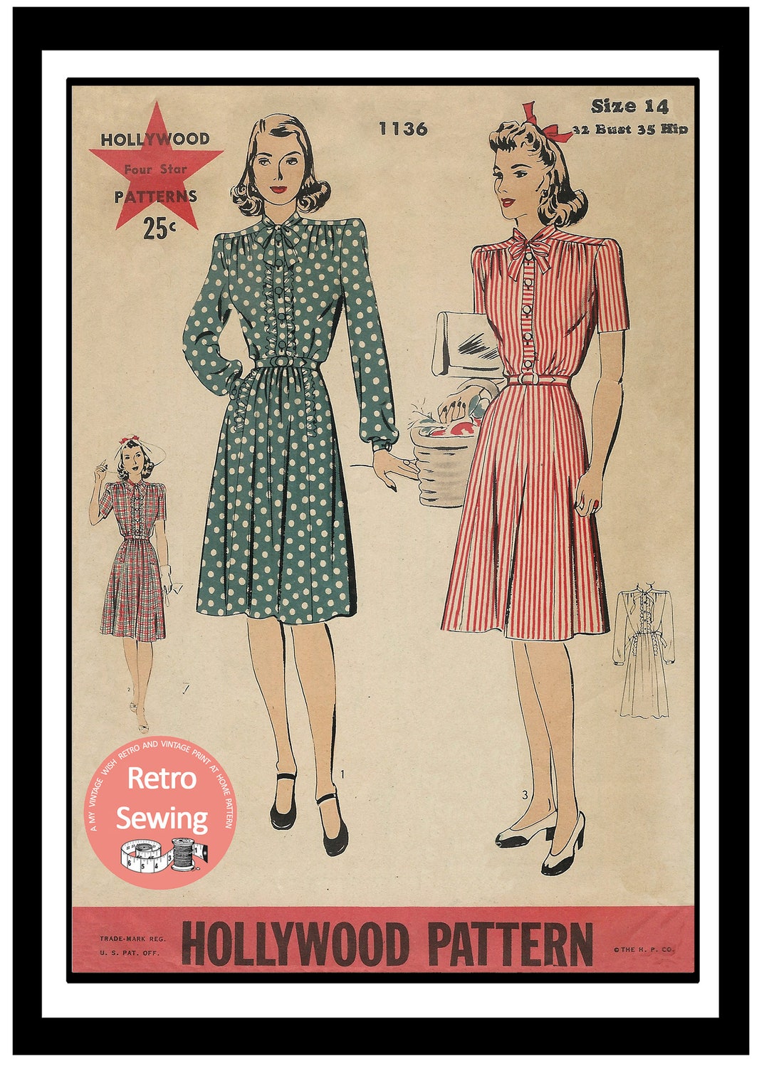 1940s Wartime High Neck Pussy Bow Tea Frock PDF Instant Download Sewing ...