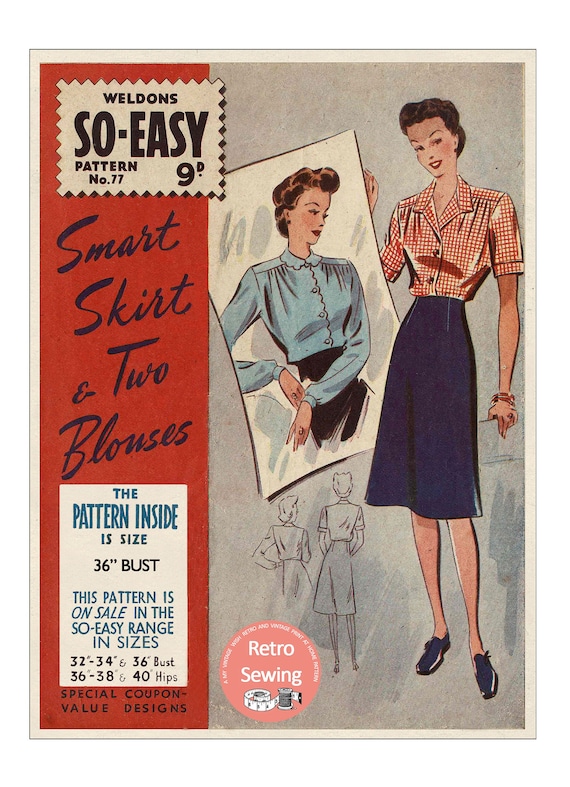 1940s Wartime Shirt Dress with Pockets PDF Sewing Pattern Bust 34