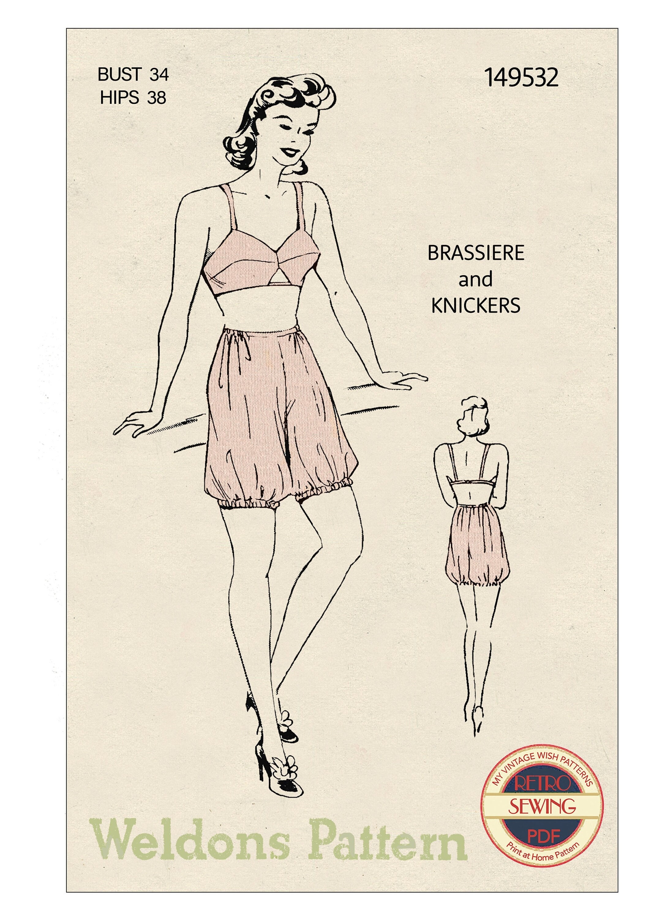 1940s Pattern, Slip, Bra & Knickers - Bust 34 (86.36cm) – Vintage