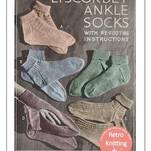 May include: A vintage knitting pattern leaflet for ankle socks with re-footing instructions. The leaflet shows five different pairs of socks in various colors, including pink, blue, green, and brown. The leaflet is titled "Lyscordet Ankle Socks with Re-footing Instructions" and has the number "185" printed on it. The leaflet also has a small red circle with the text "Retro Knitting" and the number "30" printed on it.