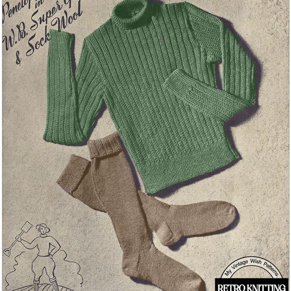 Patrón de punto en PDF para jersey y calcetines de chica de campo de los años 40