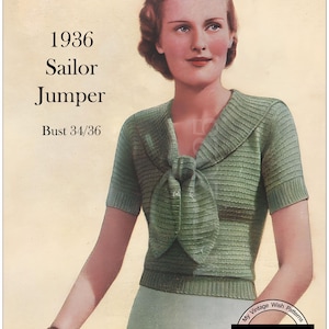 Padrão de tricô em PDF vintage de 1936 – Suéter com gola de marinheiro – Download instantâneo