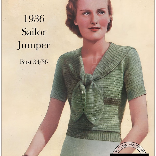 Vintage 1936 PDF Knitting Pattern – Sailor Collar Sweater – Instant Download