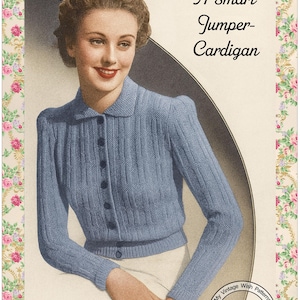May include: Vintage illustration of a woman wearing a light blue cardigan with a collared neckline and button closure. The text "A Smart Jumper-Cardigan" is displayed. The pattern is designed to fit a 34-36 inch bust.