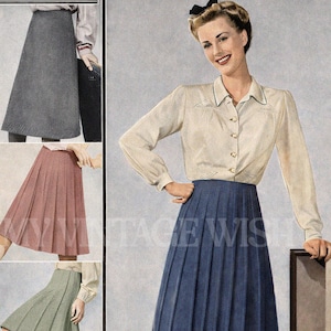 Puede incluir: Anuncio vintage de cuatro faldas de punto. La imagen muestra a una mujer con una falda plisada azul y una blusa color crema. El anuncio incluye el texto "FOUR KNITTED SKIRTS" y "BESTWAY LEAFLET 1003".