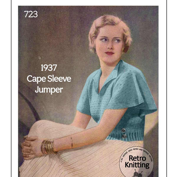 1930s Pretty Cape-Sleeve Jumper PDF Patrón de punto Busto 34